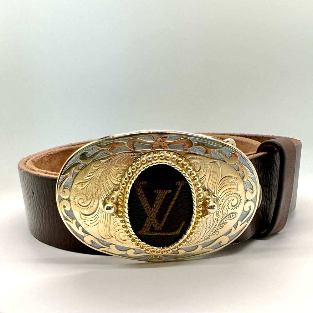 Repurposed Upcycled Belt Buckle w/ Authentic Louis Vuitton Accent w/ Belt (#2)